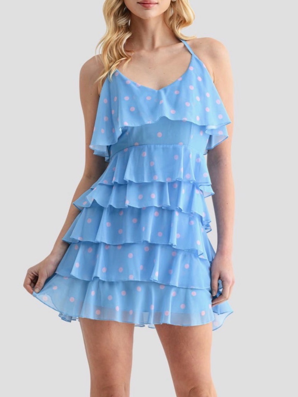 Lush Blue Mini Dress with Pink Polka Dots